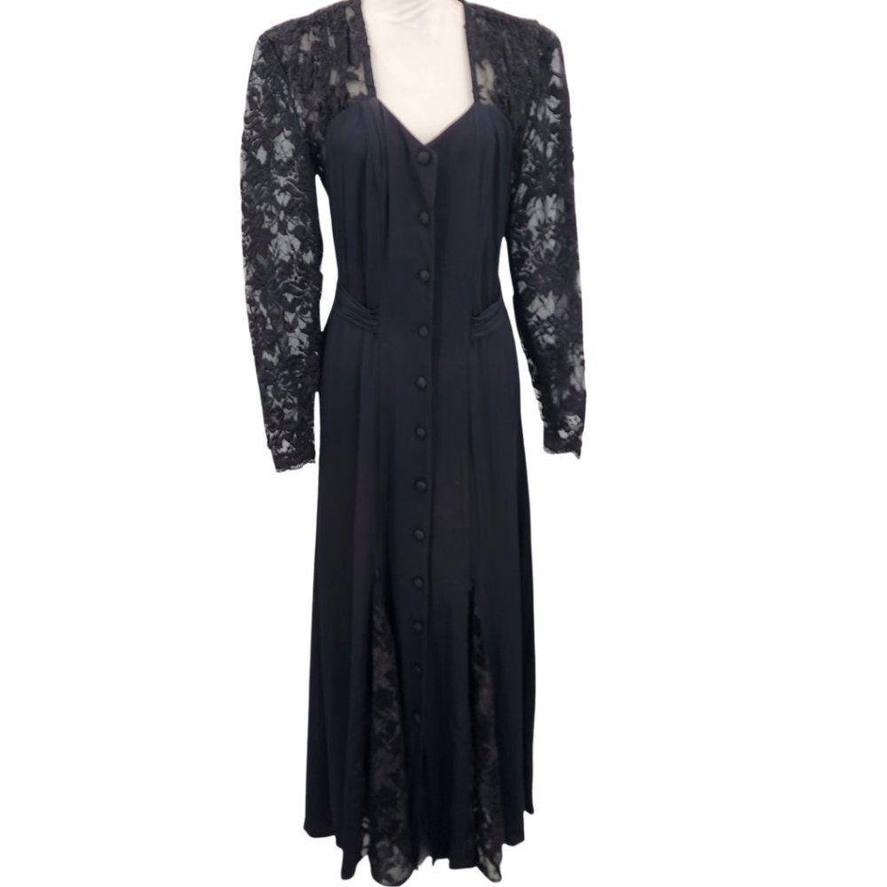 KAREN ALEXANDER Vintage 80's 90's Black Victorian Lace Midi Dress Size 10